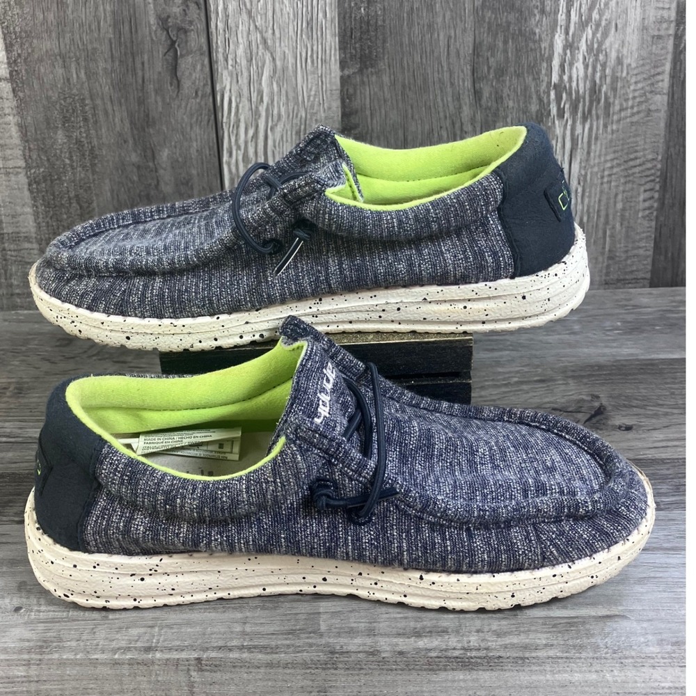 Hey Dude Wally Youth Stretch Naval Speckle Navy Neon Lime Loafers Size Y2 EU 34 - Picture 2 of 7